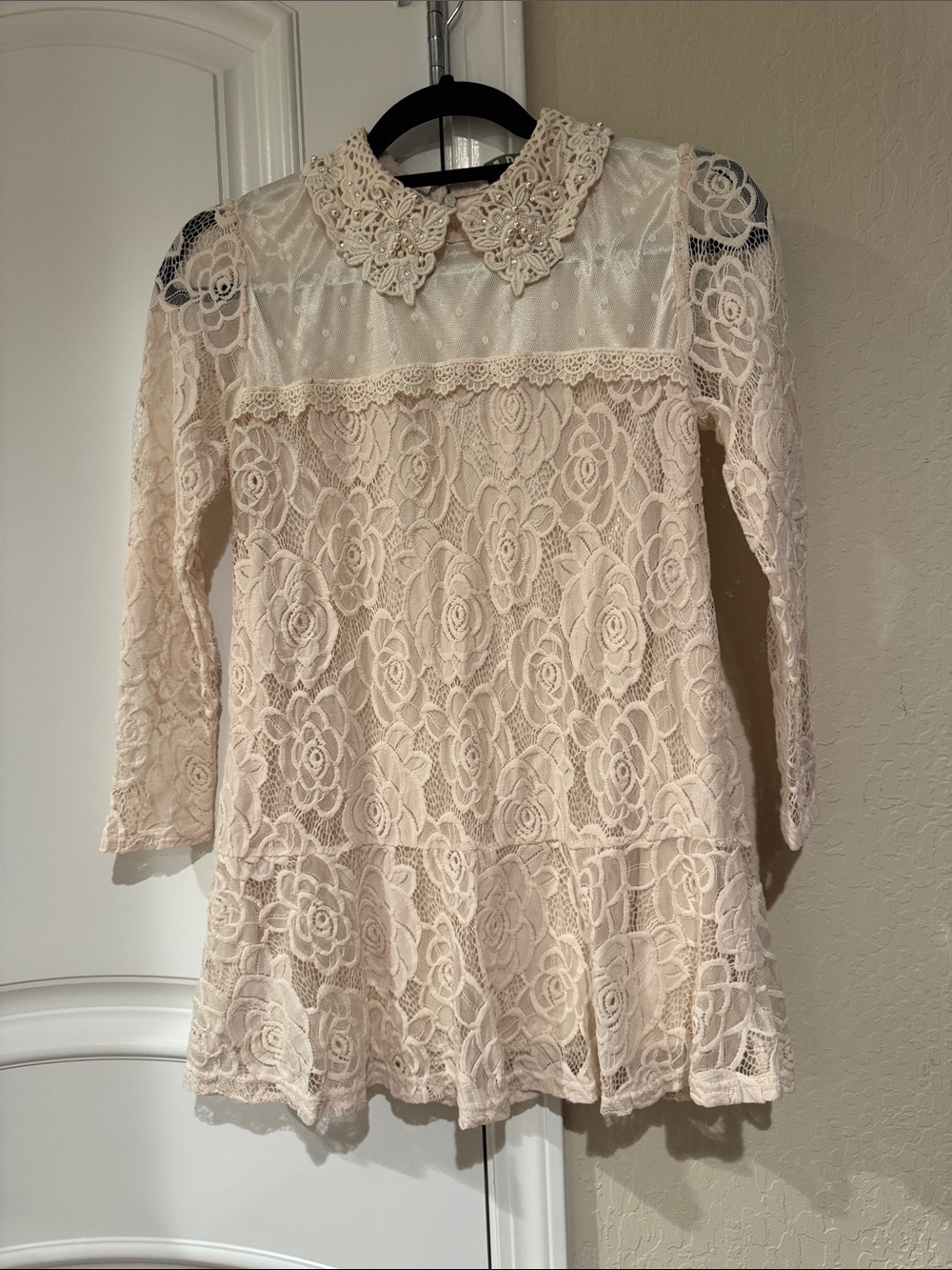 Lace Crochet Collared Long-Sleeve Top - Cream